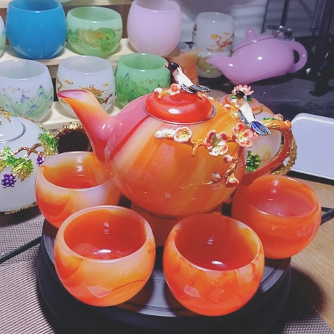 琉璃中式珐琅彩喜上加喜一壶六杯礼盒套装