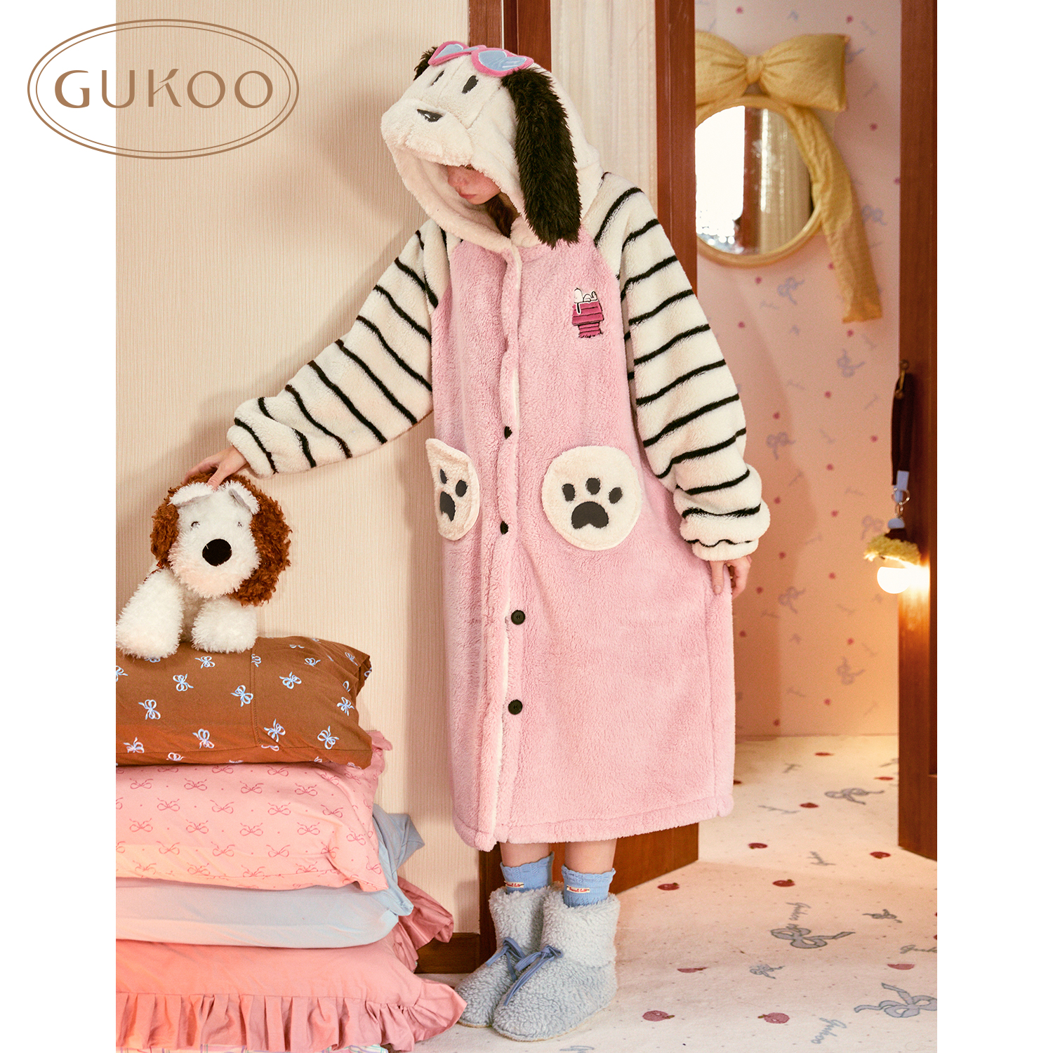 【Gukoo果壳】史努比联名女连帽睡袍加绒加厚云感绒家居服可外穿