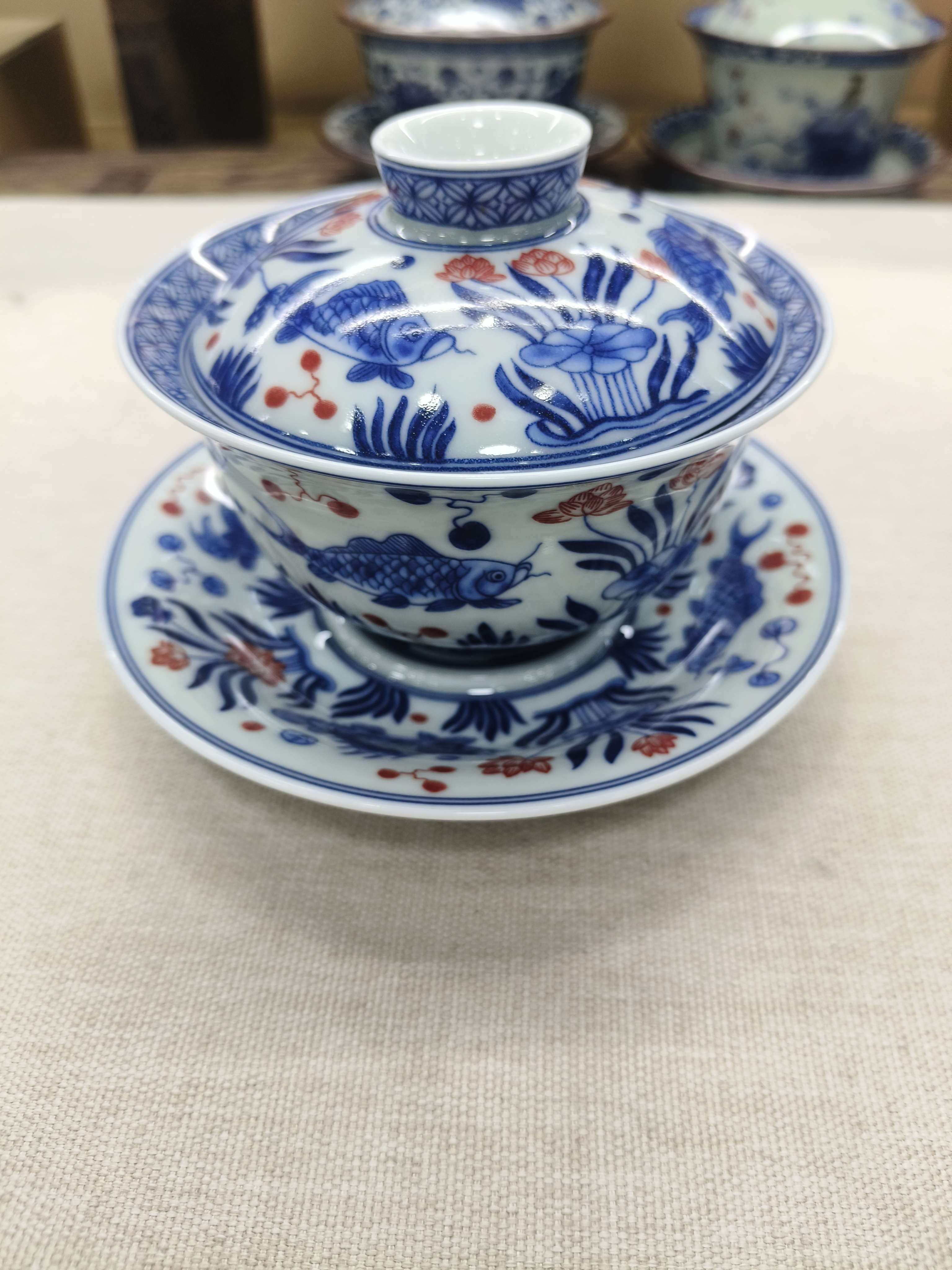 景德镇鱼澡纹三才盖碗陶瓷功夫茶具家用高端大气高温烧制