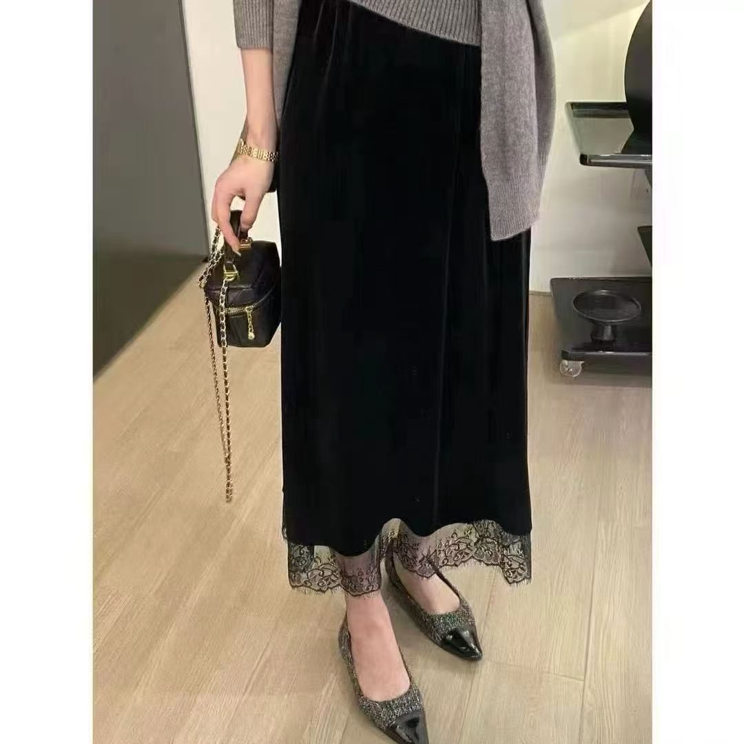 蕾丝拼接丝绒半身裙女高腰显瘦A字中长款气质裙子