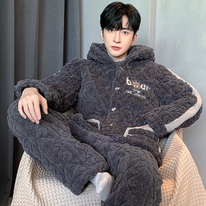 冬季三层夹棉男士睡衣珊瑚绒加厚加绒保暖法兰绒家居服套装可外穿