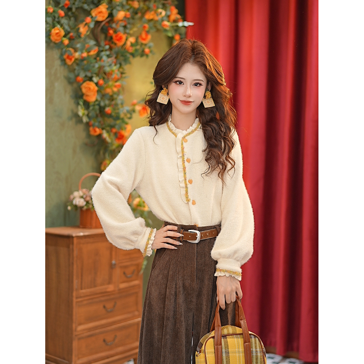 DaYuanSAD张嘉圆【惜薇】花边领爱心扣上衣加厚保暖长袖衬衫#S14920