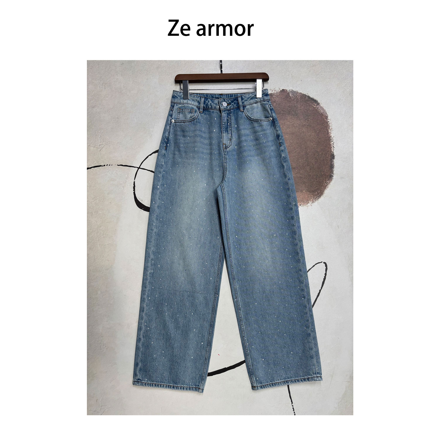 【星光】进口烫钻高腰阔腿磨烂设计手工洗水怀旧还原牛仔风