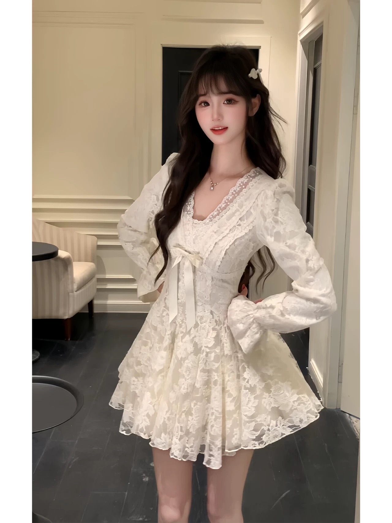 法式纯欲蕾丝连衣裙收腰千金风高级感冬季生日穿搭裙子蓬蓬小礼服