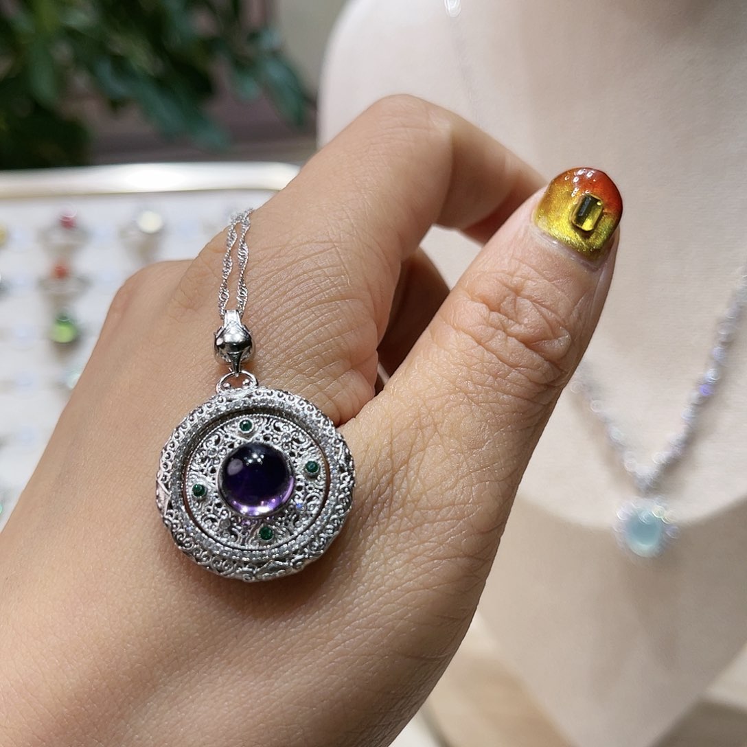 蛇纹石玉戒指银S925镶嵌何*吊坠