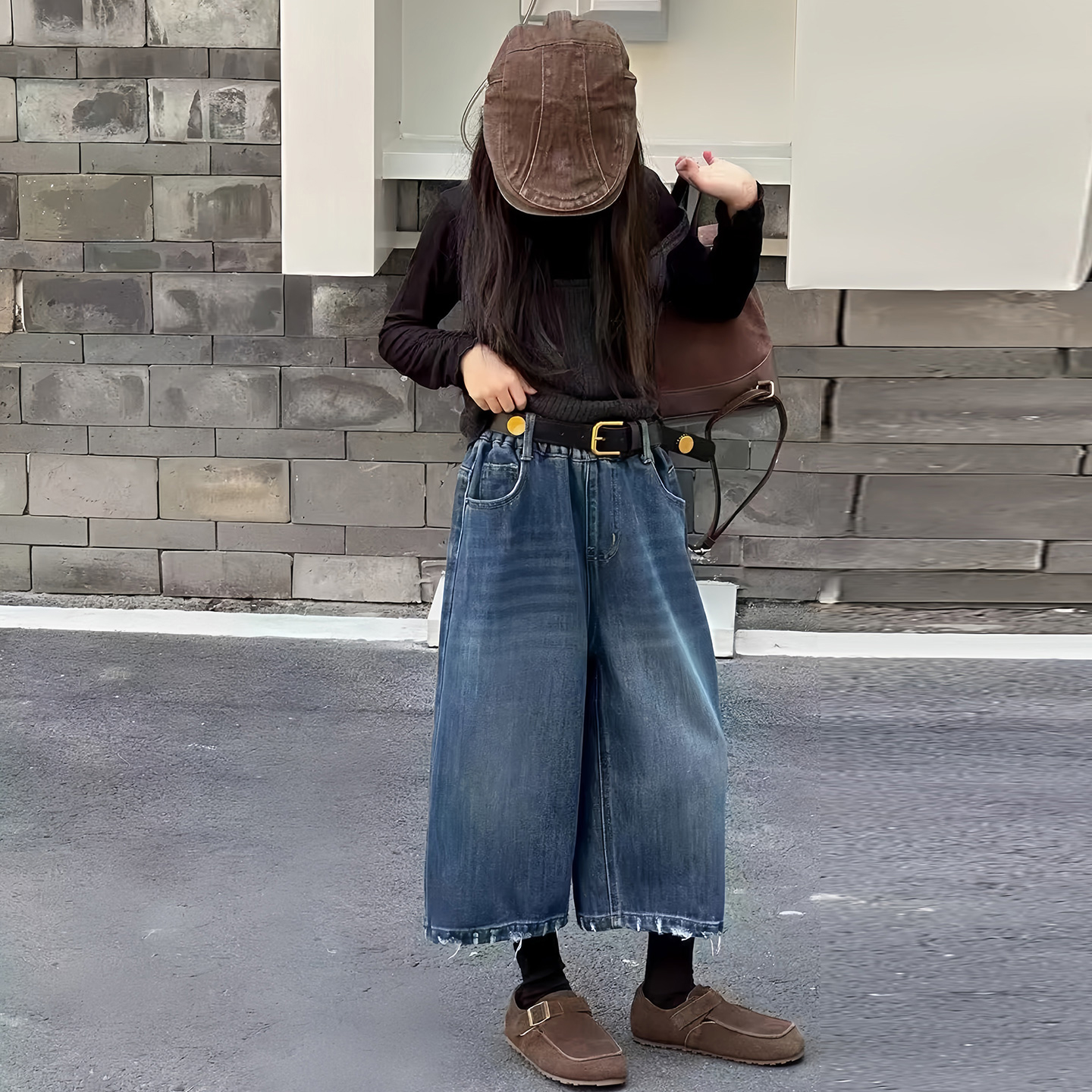 【嘻嘻柚】女童宽松毛边阔腿牛仔八分裤2025秋季洋气时髦休闲直筒裤