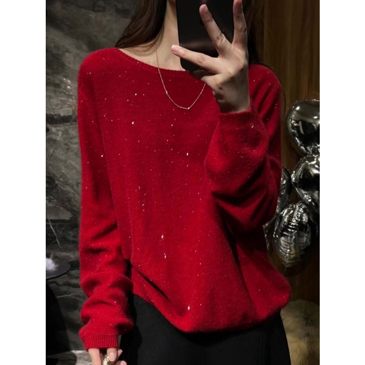优雅时髦轻奢红色长袖针织毛衣女2025秋季新款潮宽松柔软大码上衣