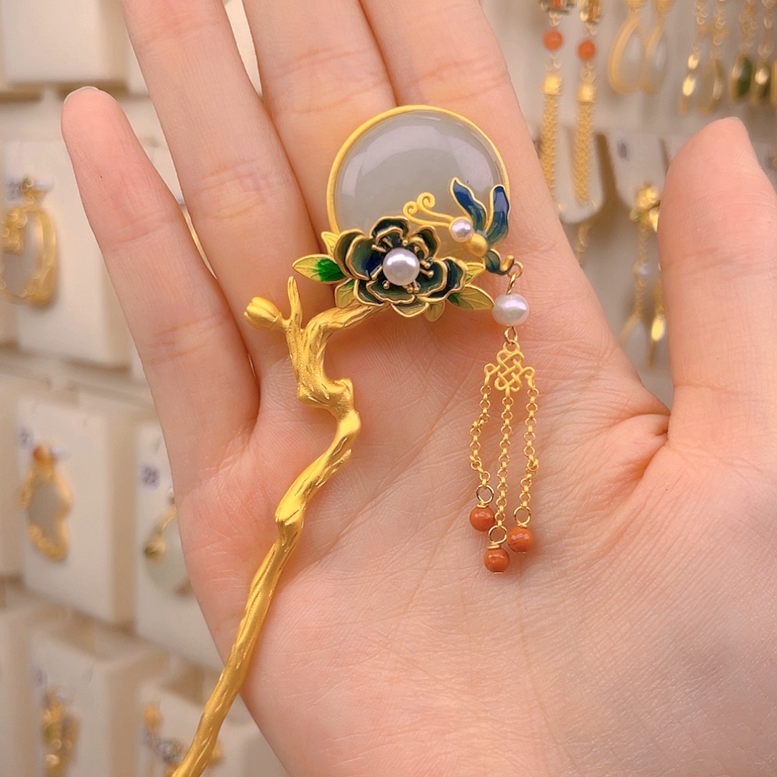 和田玉发簪银S925镀金镶嵌