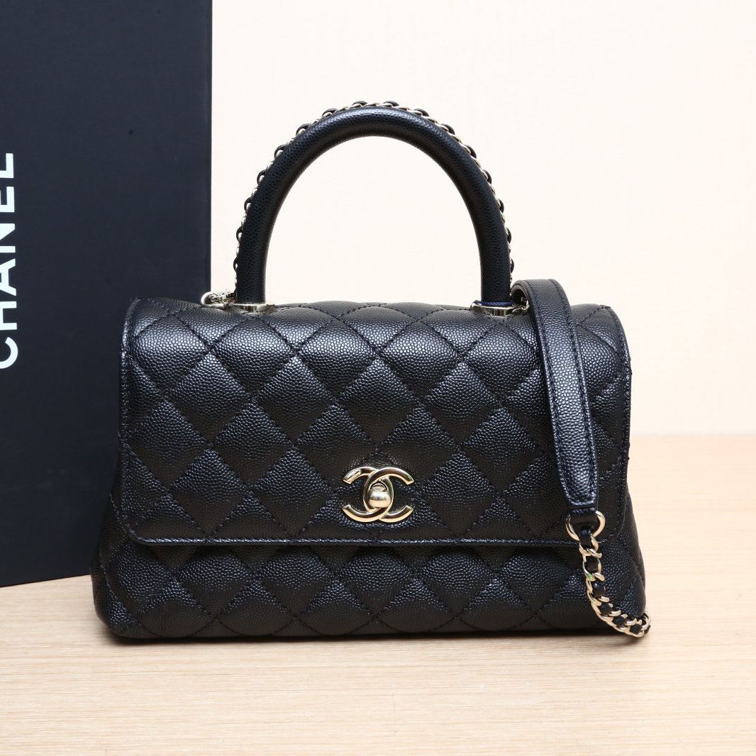 99新 Chanel/香奈儿 小花黑黑 23P Handle 小号 芯片开 浅金扣