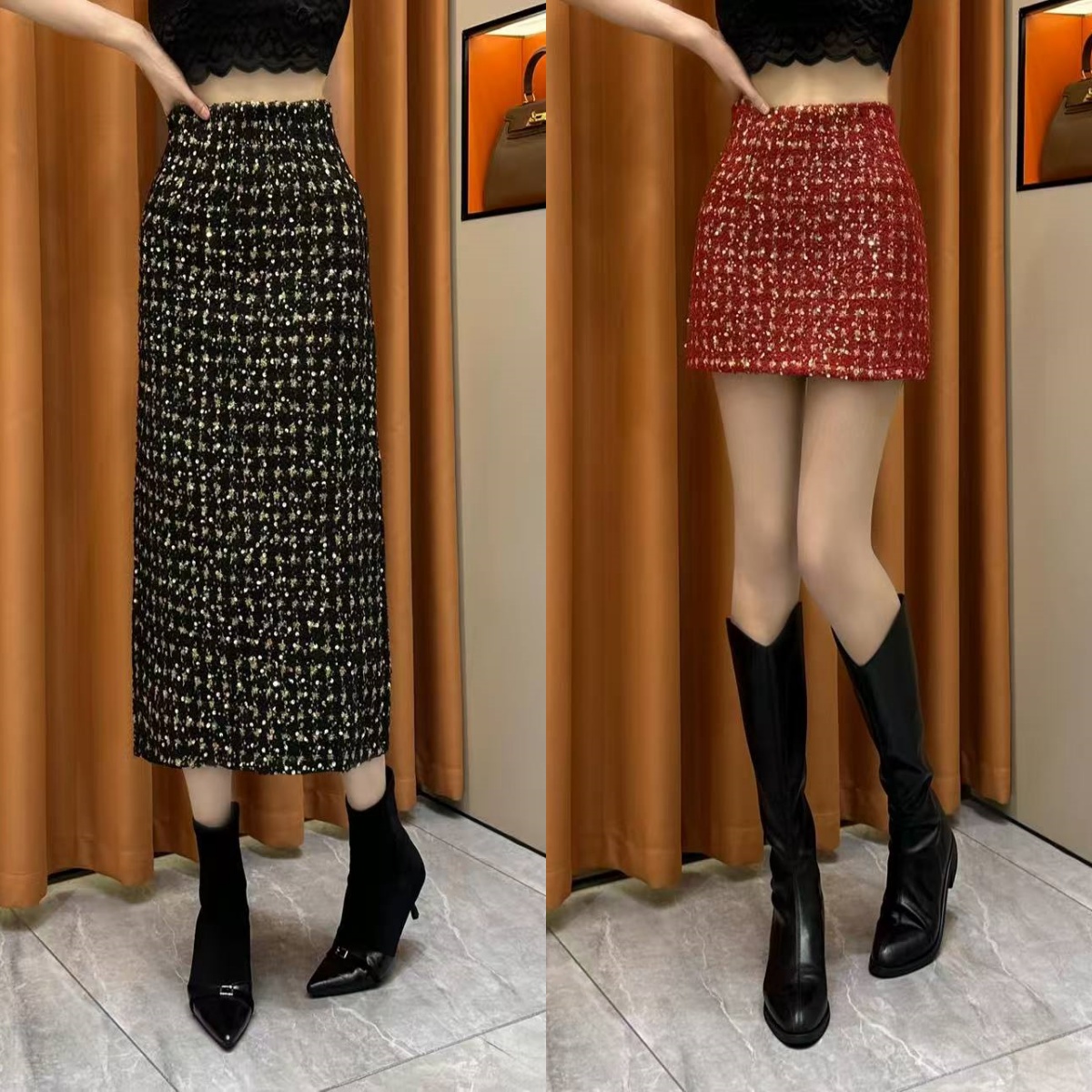 【光彩夺目】2025冬季新款小香风重工亮片粗纺气质显瘦百搭半身裙