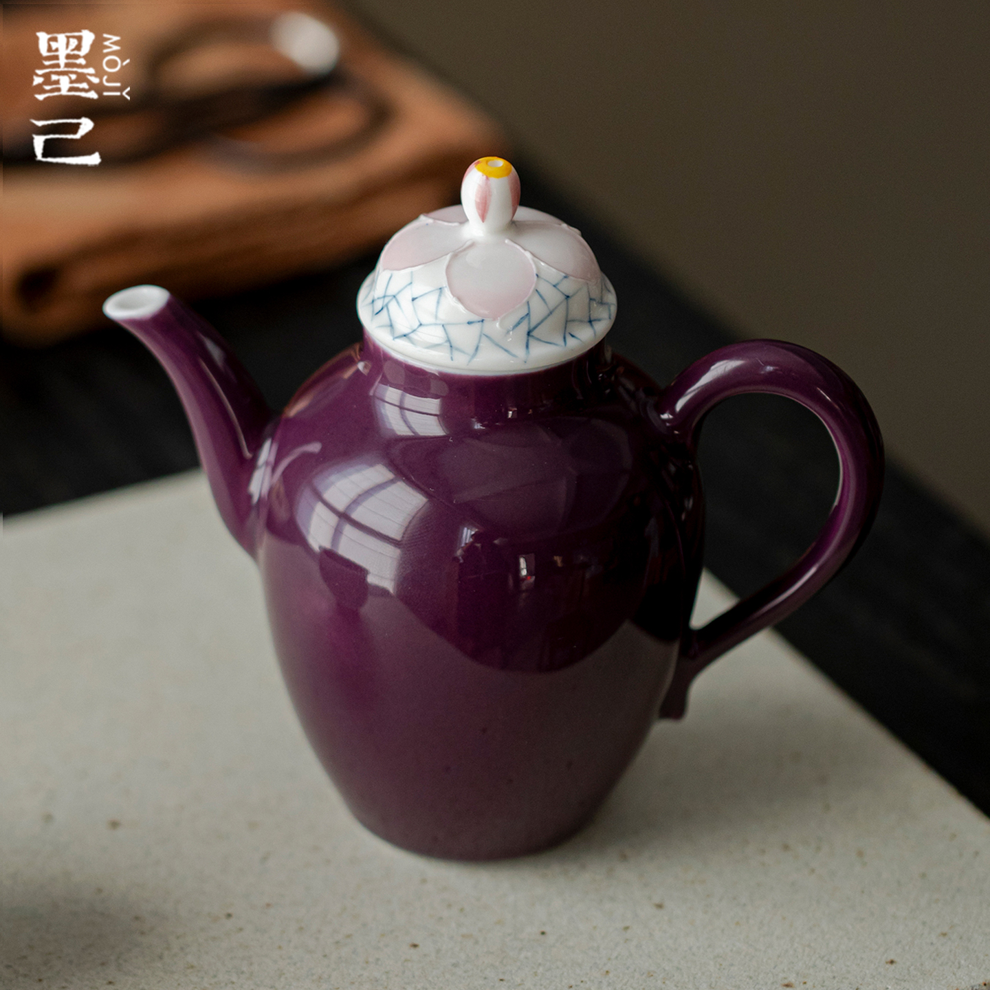 墨己紫色手绘冰裂梅花纹陶瓷茶壶功夫茶具家用球孔过滤手执壶茶壶