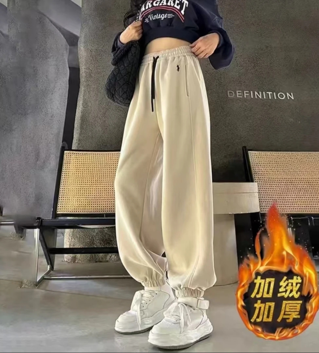 秋冬2025新款韩版小马刺绣时尚百搭宽松高腰显瘦松紧腰束脚卫裤女