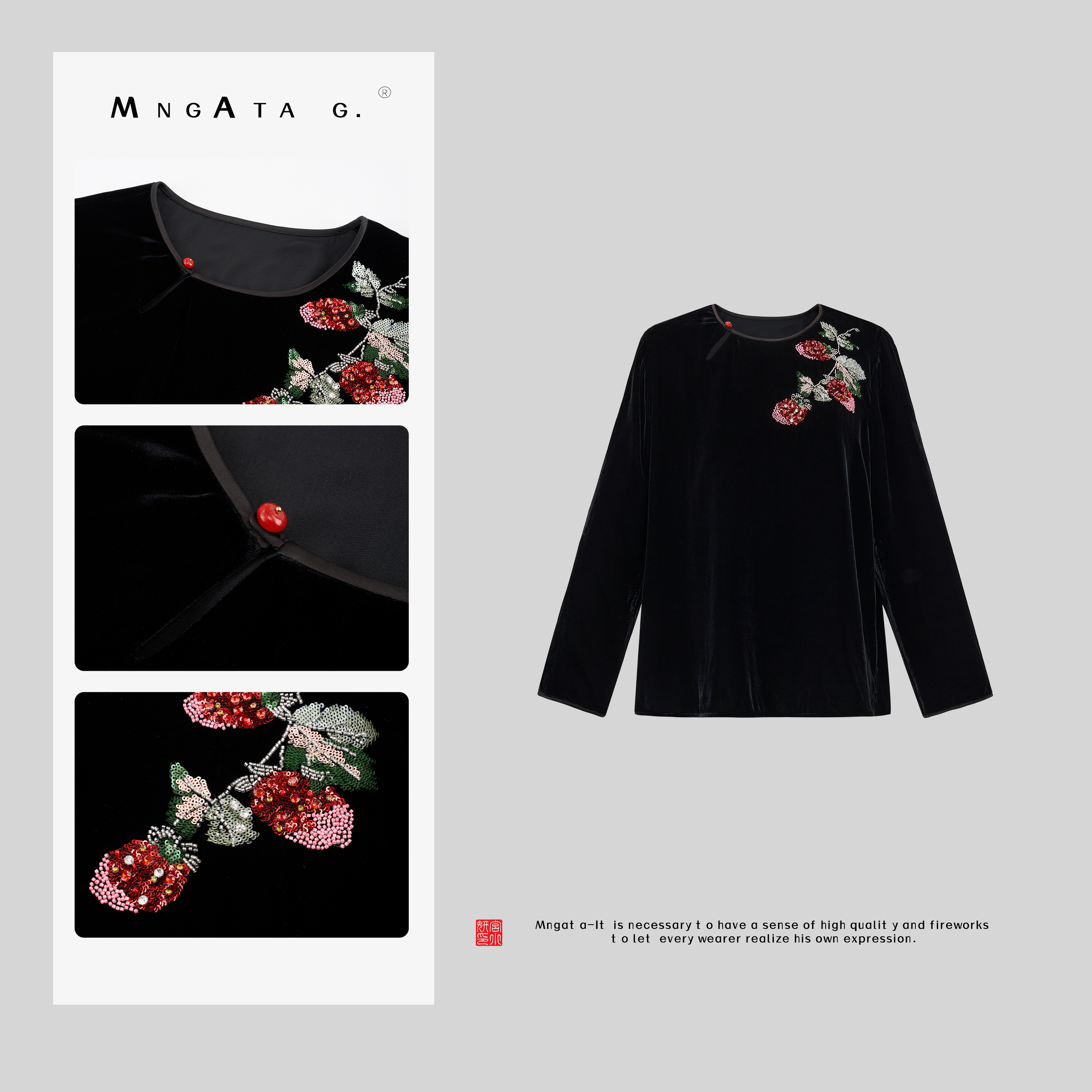 MNGATA G.宫小妍【真丝·手工草莓】丝绒新中式撞色秋冬上衣5021310