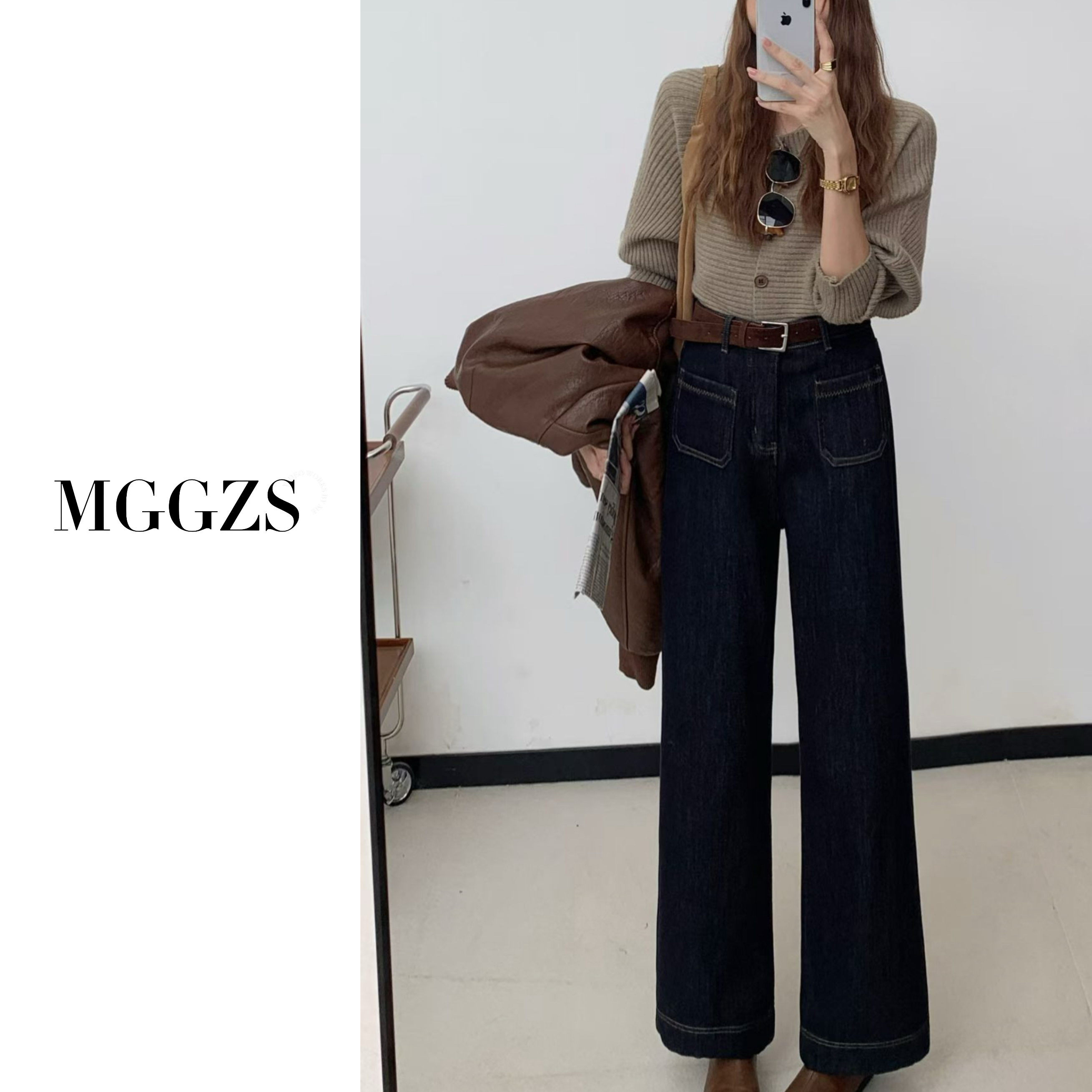 【MG】长腿天菜！单宁蓝加绒高腰阔腿牛仔裤女复古宽松显瘦阔腿长裤