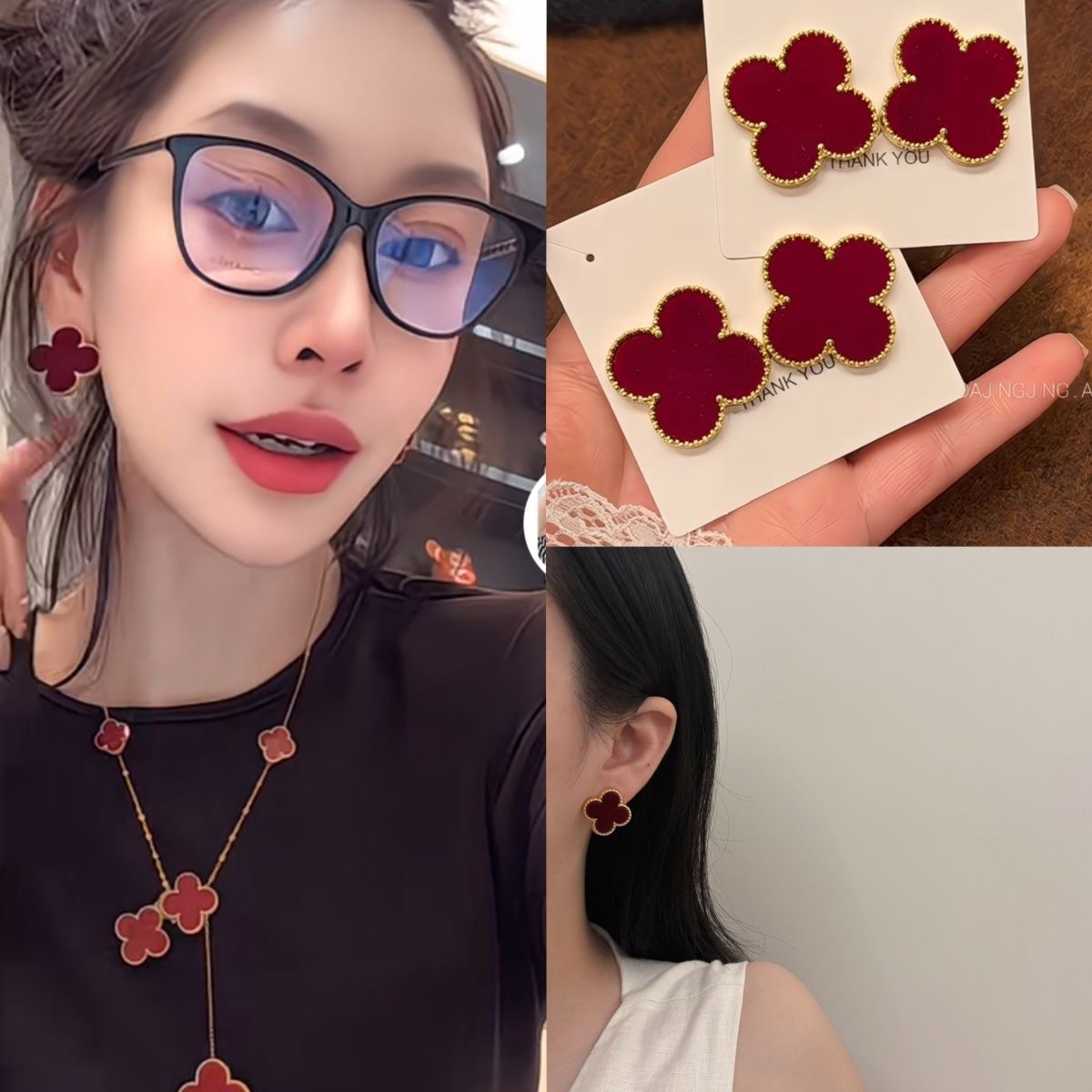 钛钢项链 铜合金珐琅镶钻红四叶草项链耳环百搭