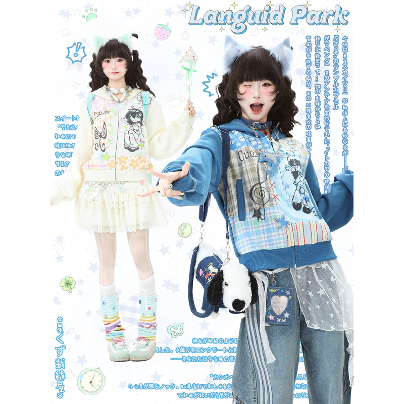 蓝鬼公园Languid Park宅萌感穿搭卫衣外套女秋季蓝色短款连帽上衣