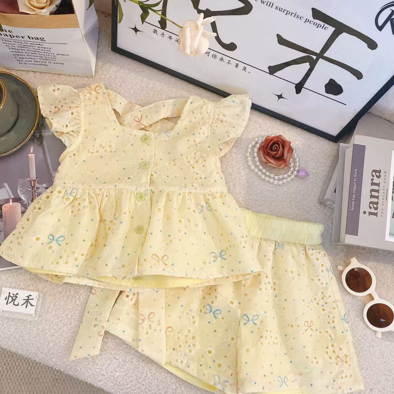 HY女童韩版套装时尚夏季新款女宝镂空休闲洋气无袖儿童套装80515