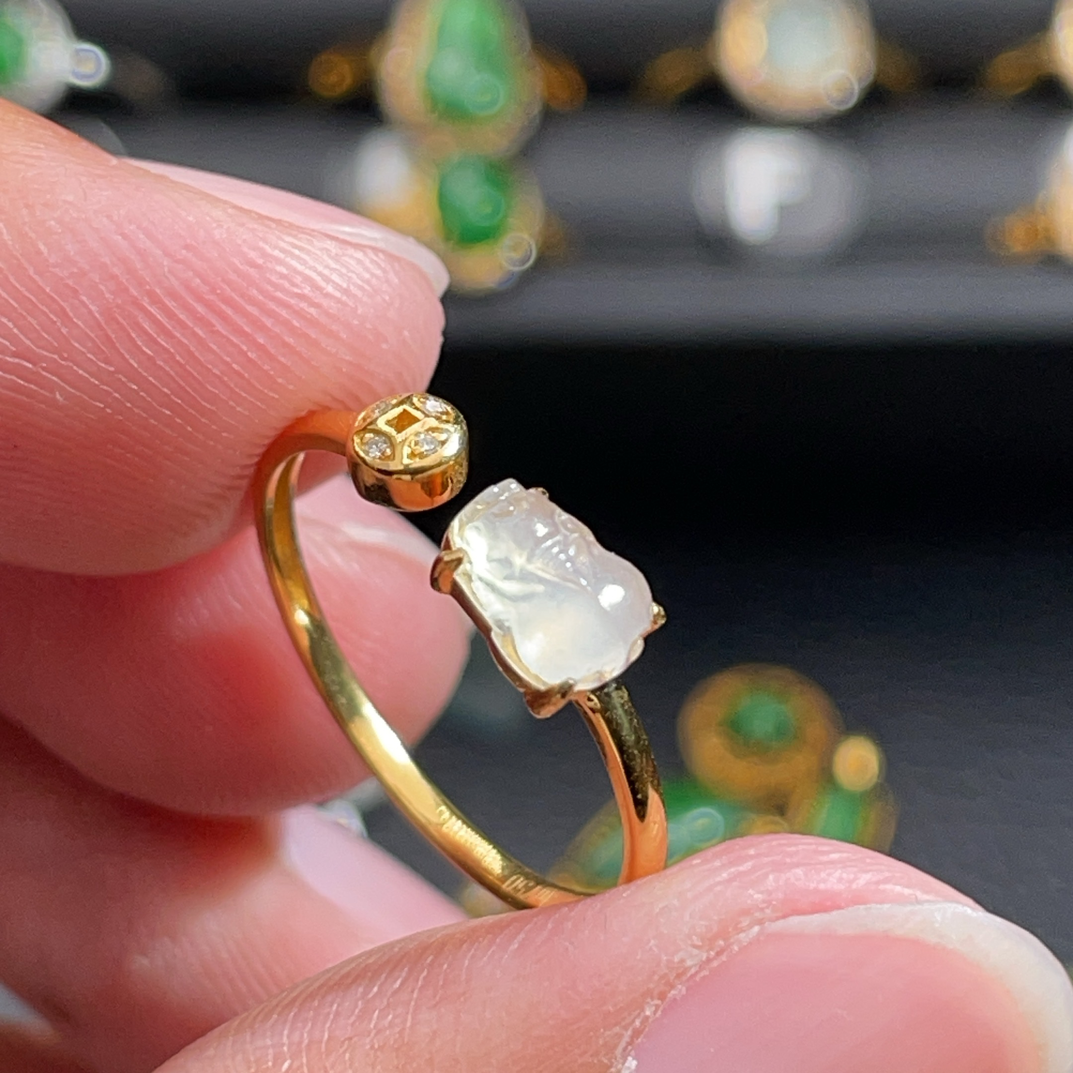 18K金天然翡翠A货-1480貔貅高冰戒指镶嵌钻石K黄珠宝玉石精致开口