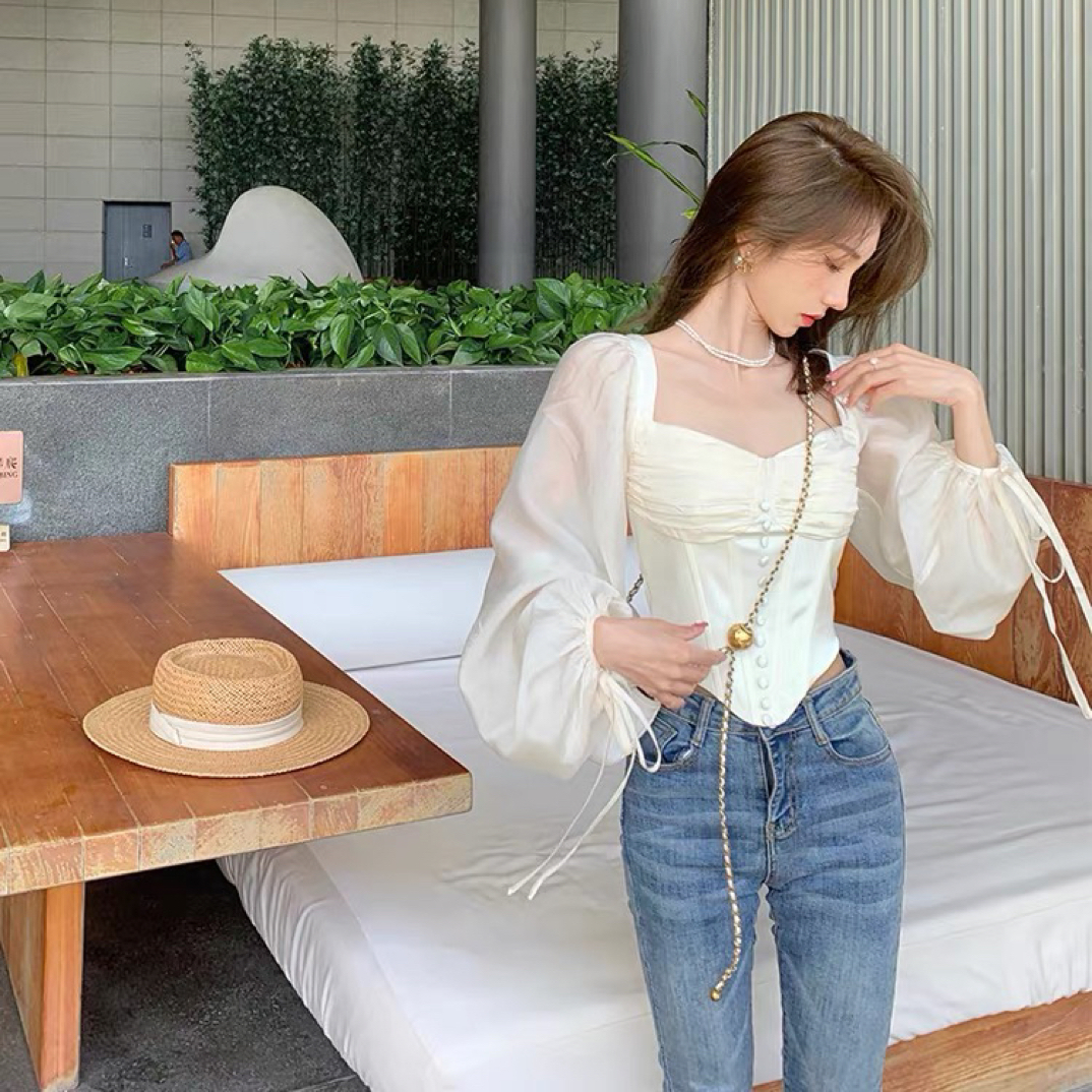 （XY定制）灯笼袖纯欲感衬衫女春夏款法式小众鱼骨长袖上衣