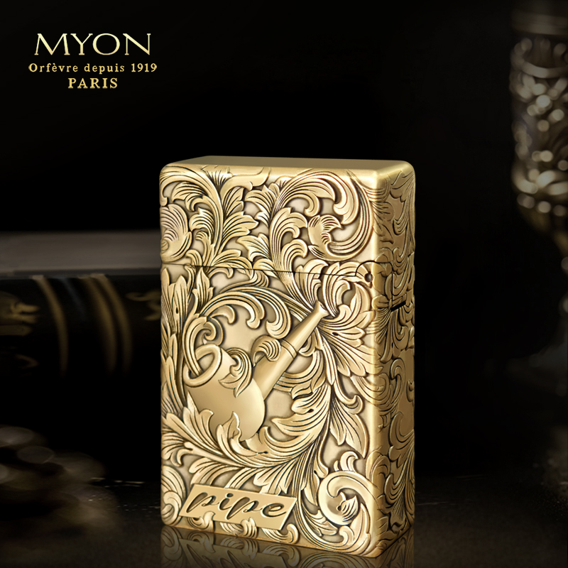正品MYON爵士待机王M6烟斗唐草款黄铜浮雕一机一码煤油打火机