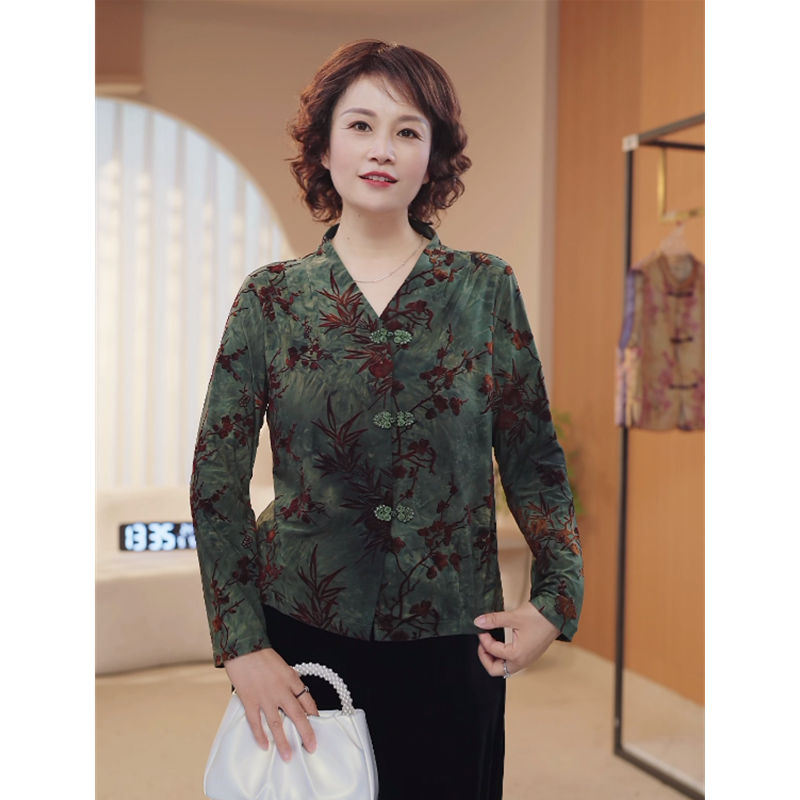 妈妈装秋装国风新中式V领小衫气质中老年秋季套装长袖上衣衬衫133