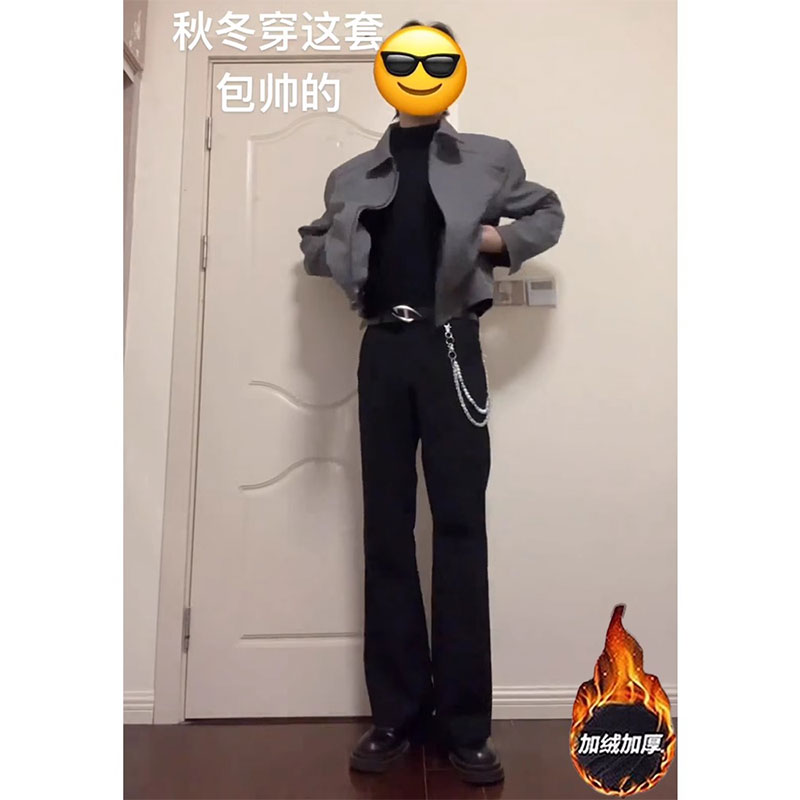 黑色加绒微喇西裤男秋冬款修身显瘦垂感裤子美式高级感弯刀直筒裤
