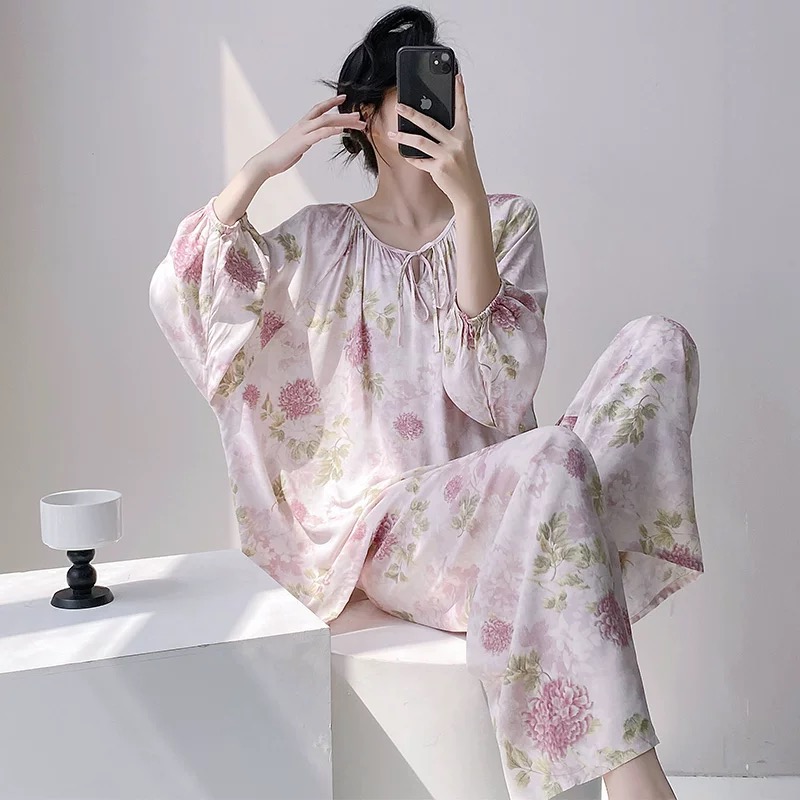  高品质棉绸睡衣女士长袖长裤套装国风家居服春秋夏季大码宽松