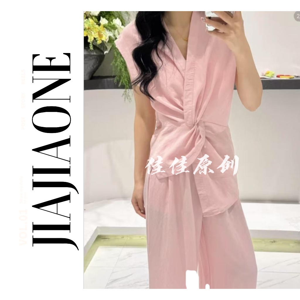 【佳美儿服饰】高级感不对称扭结无袖上衣高腰双褶阔腿裤气质套装