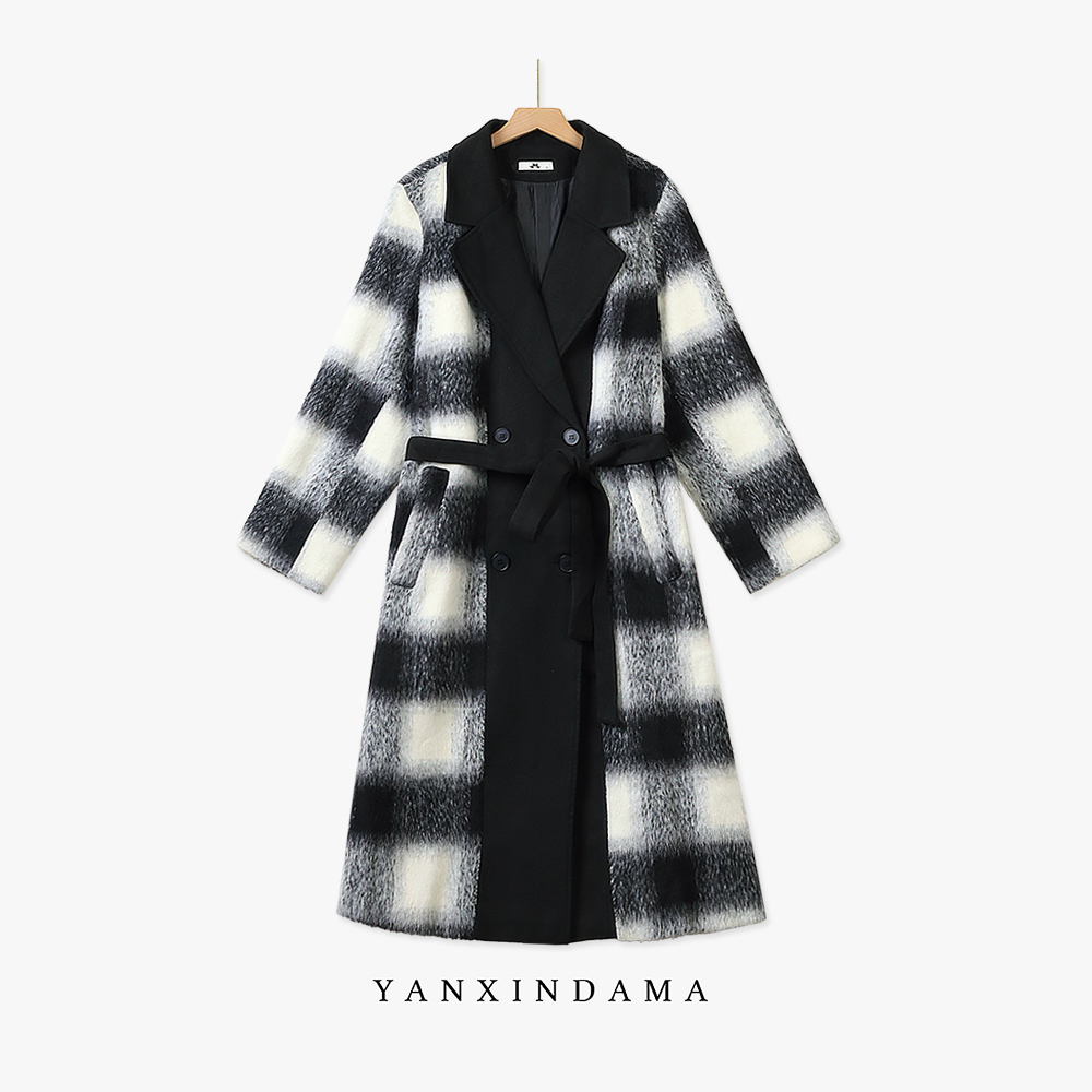 【岩心】大码女装300斤胖MM黑白格高级感时尚气质翻领毛呢大衣66030