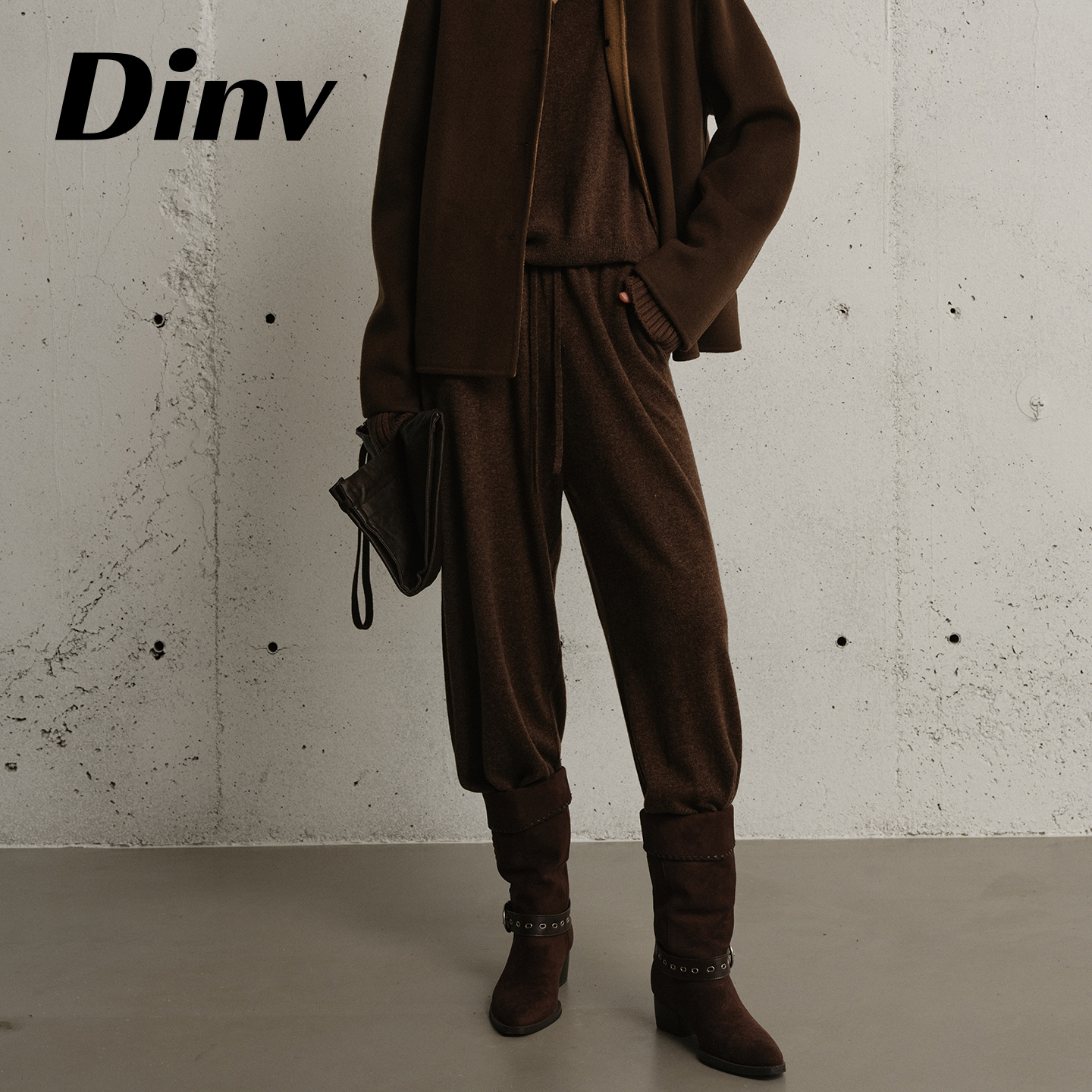 Dinv/修腿神器_極简风针织羊毛阔腿裤时髦佰搭显瘦垂感抽绳及地裤