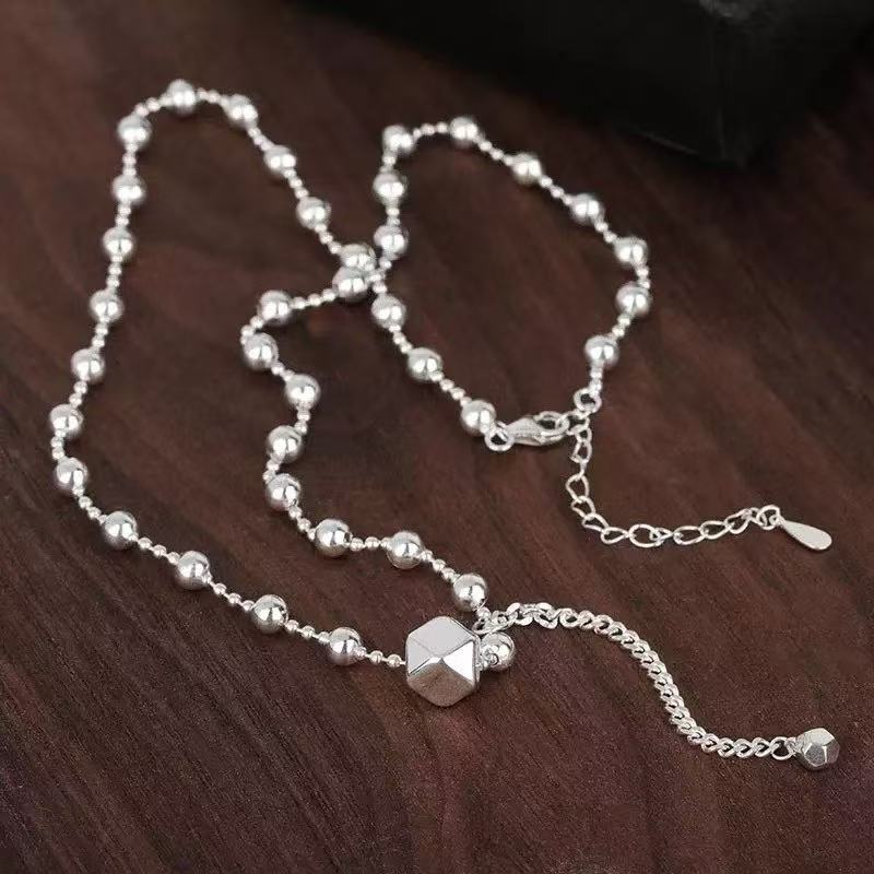 坠链均925银 韩版重工实心珠珠六角几何路路通流苏项链