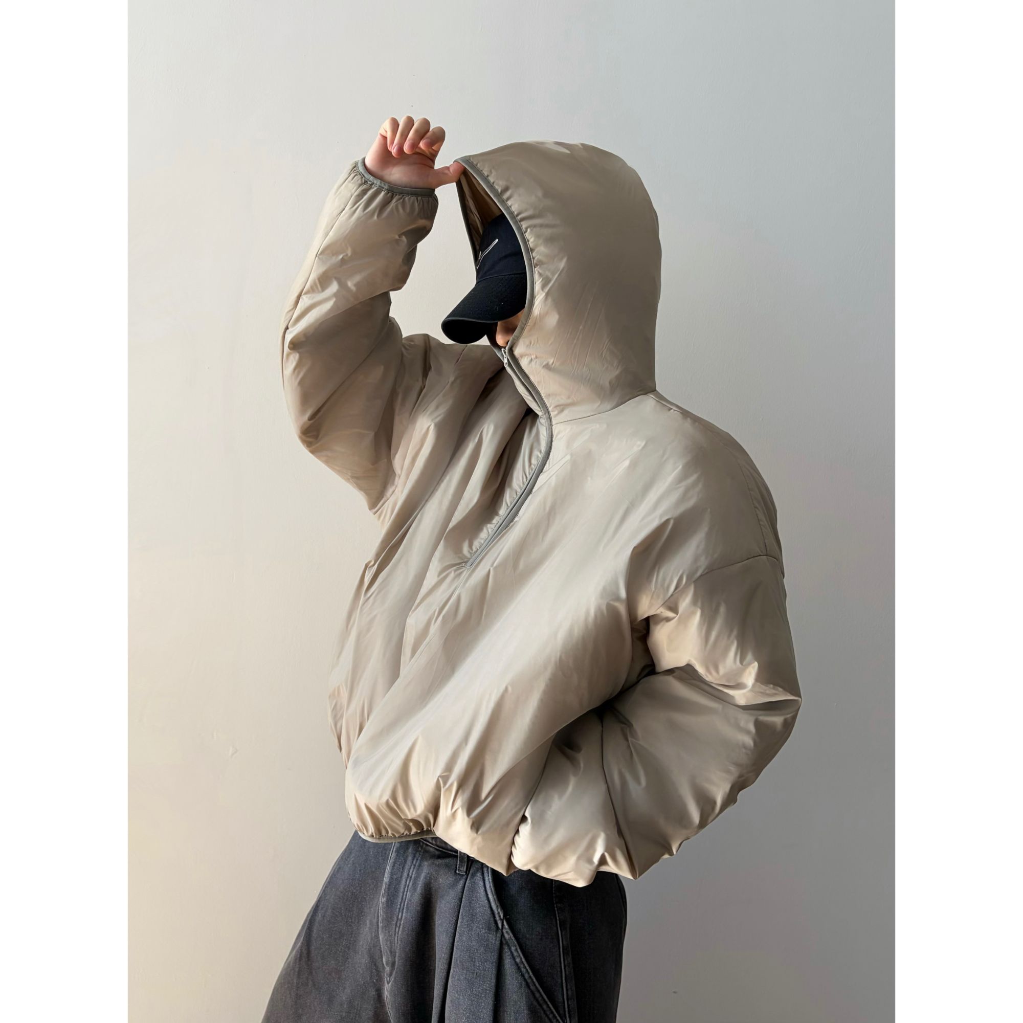 dannyandzee冬季百搭复古保暖短宽版型纯色连帽面包棉服外套854