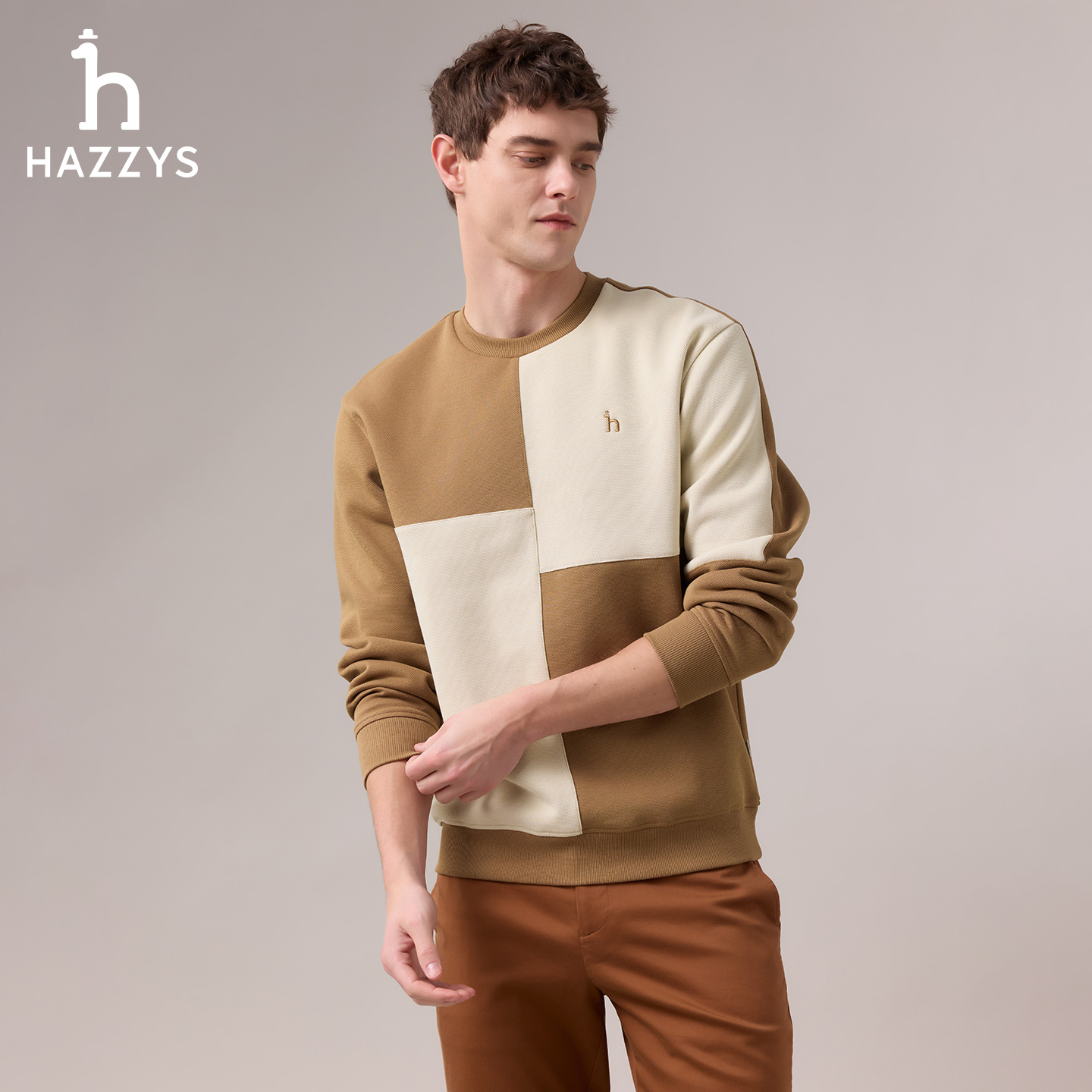 【商场同款】HAZZYS哈吉斯男士秋冬撞色格子长袖卫衣休闲拼接上衣