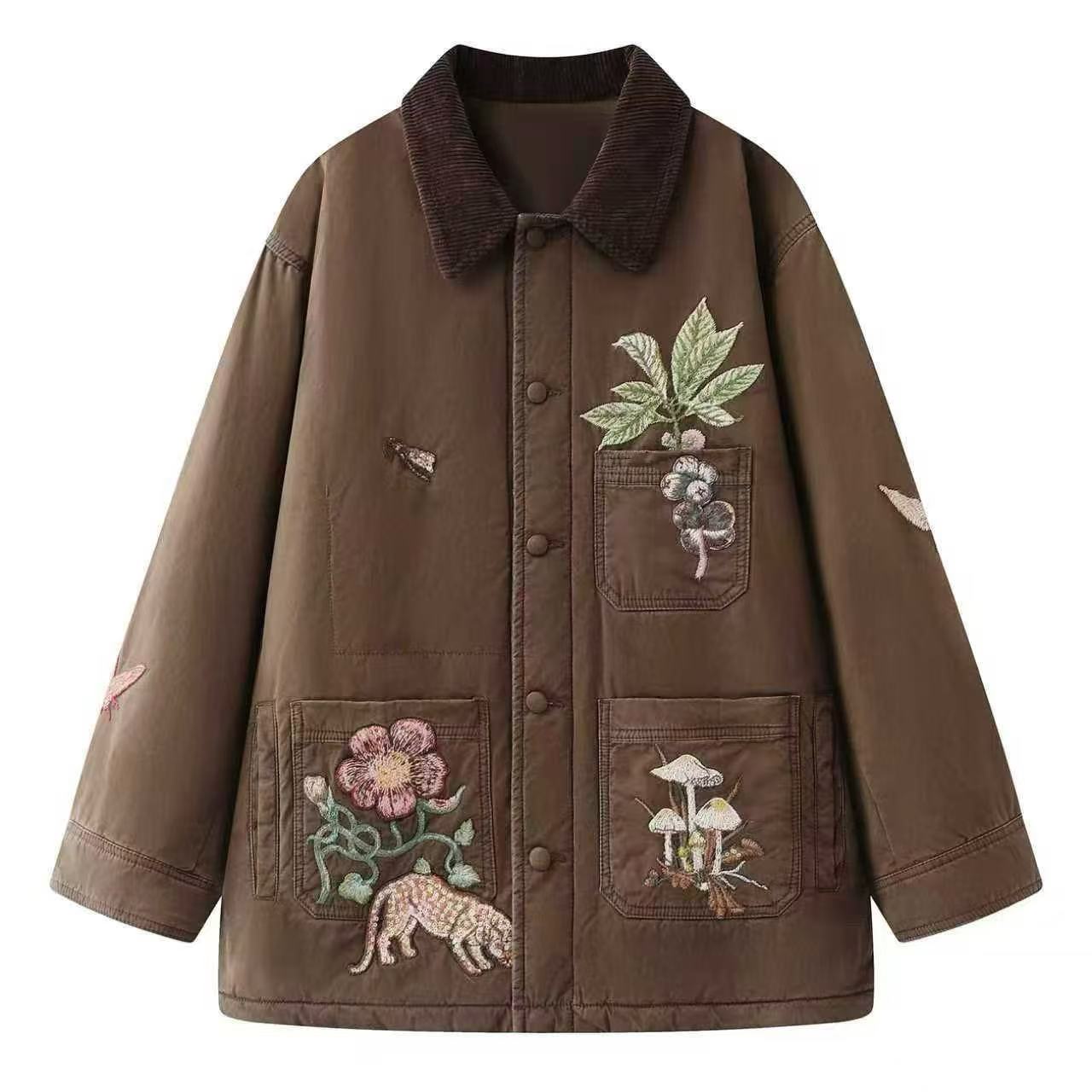 【丛林刺绣】2025冬季新款时尚百搭刺绣复古棉服外套女.D2388