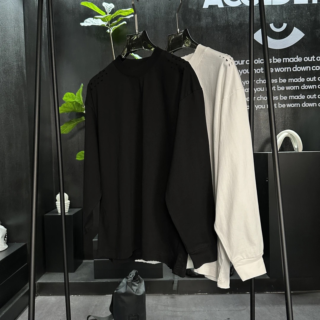 专享美式高街重磅磨洞精梳棉宽松收袖口百搭纯色高级长袖T恤