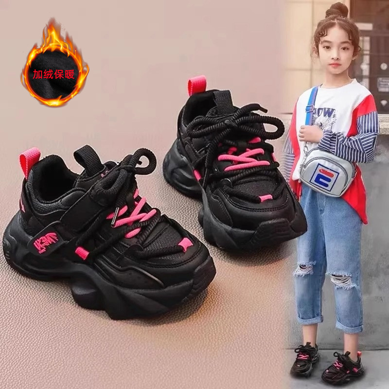 ABC女童鞋子运动鞋2025秋冬季新款透气儿童加绒厚底老爹鞋黑色