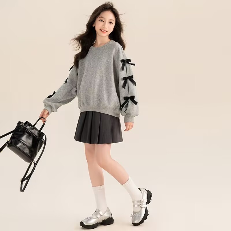 女童卫衣2025新款儿童韩版洋气蝴蝶结中大童套头休闲上衣长袖春装