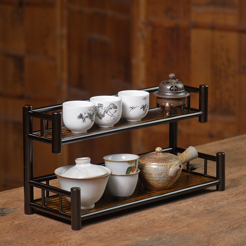 （云梯）两层竹编席茶架/灵峰竹居/原创非遗/中式茶道茶具展示杯架