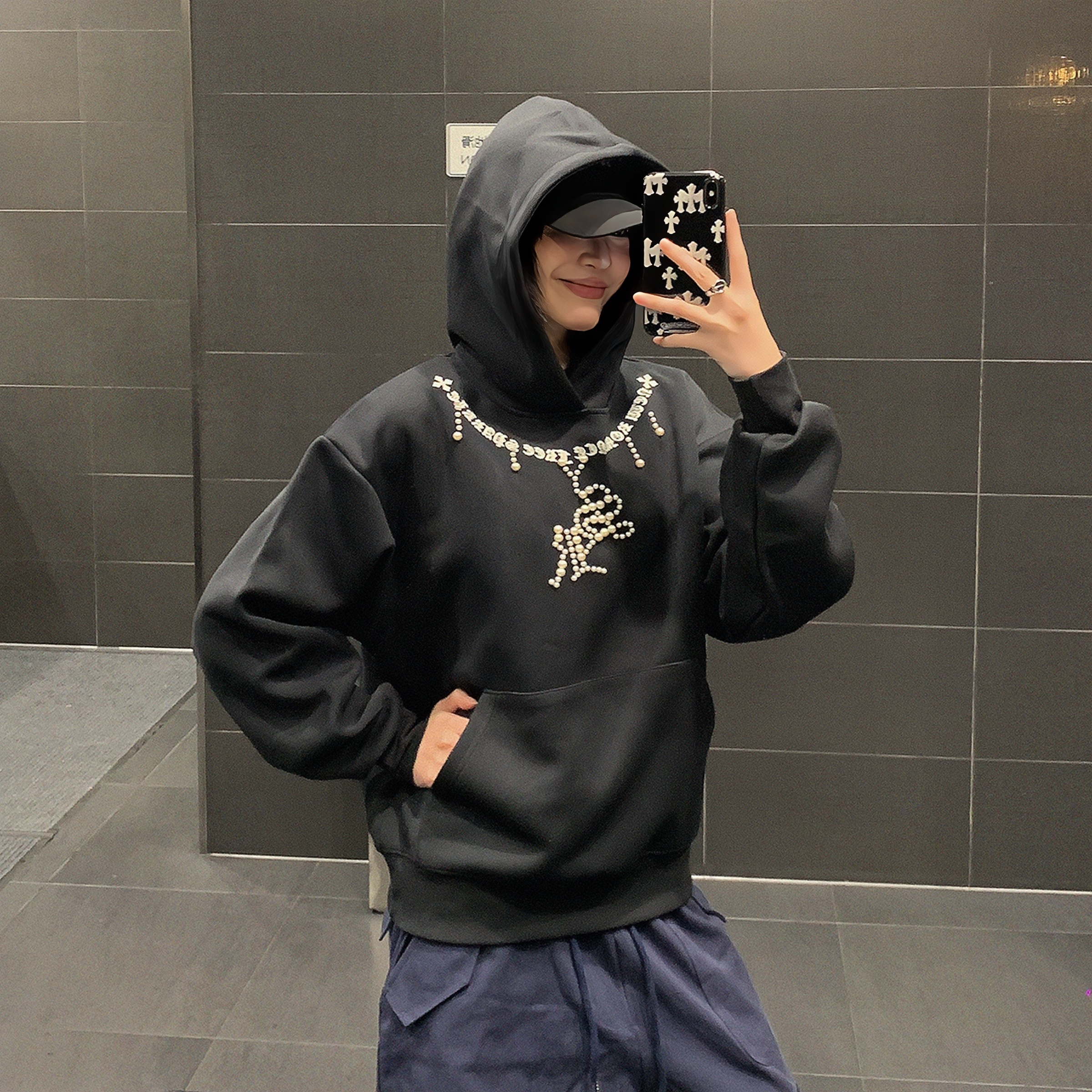 QIUYIDAODI连帽卫衣男厚款重磅珍珠镶嵌上衣秋季潮牌rap套头上衣