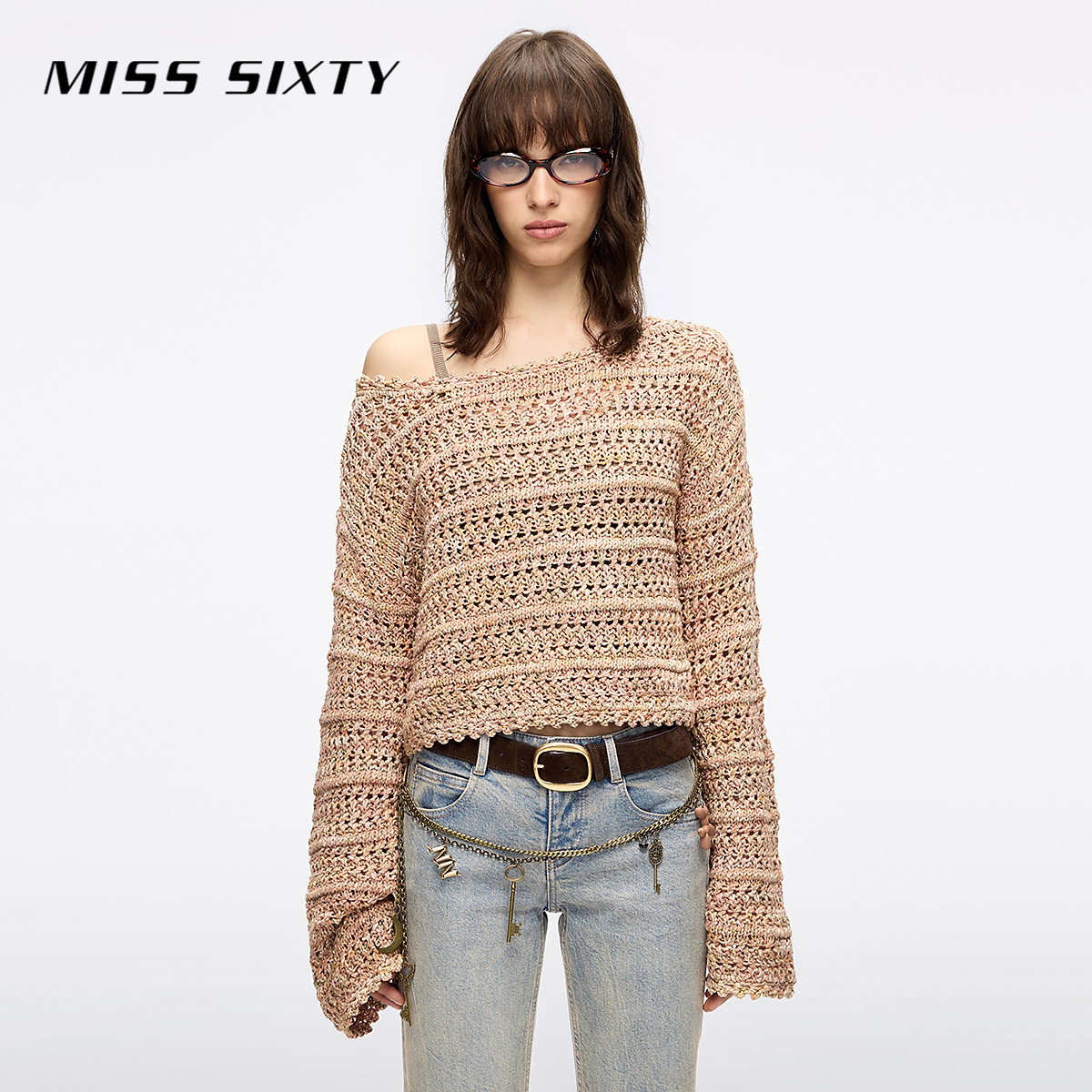 Miss Sixty2025秋季新款针织衫女段染纱圆领长袖条纹宽松短款上衣