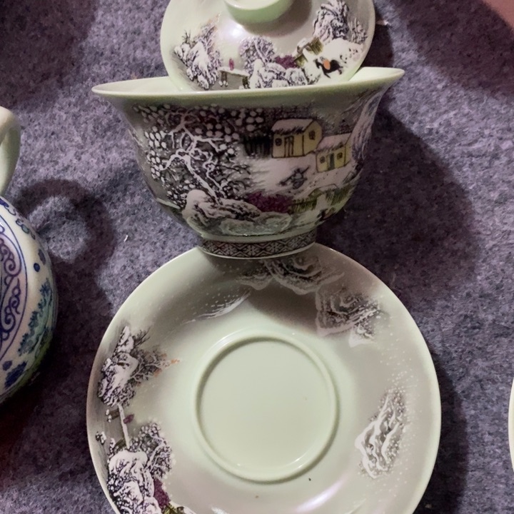 摆件陶绿稀土雪景盖碗