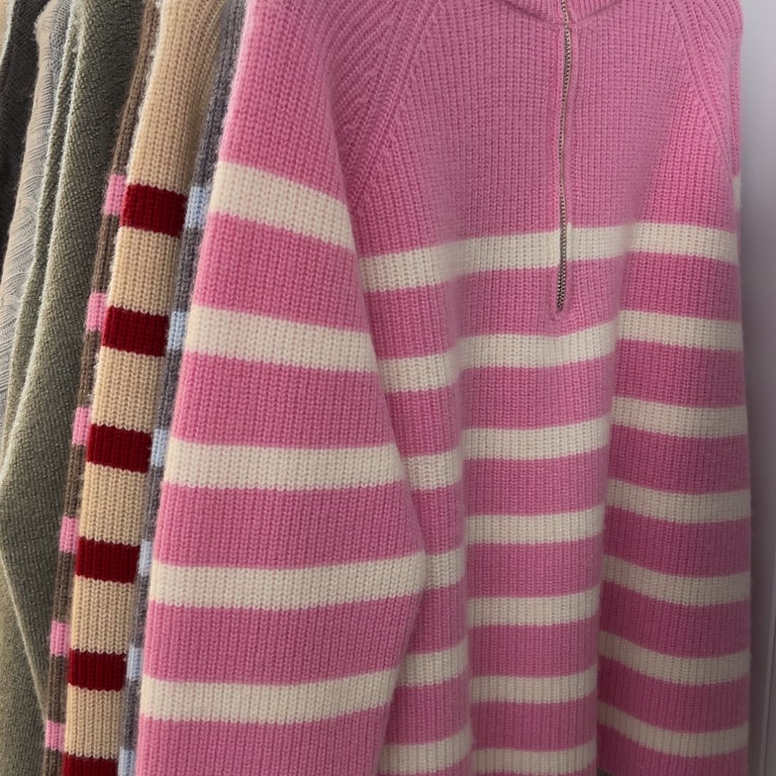 半拉链 条纹 拼色 羊绒衫