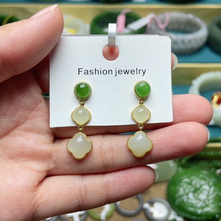 和田玉耳饰银S925镶嵌