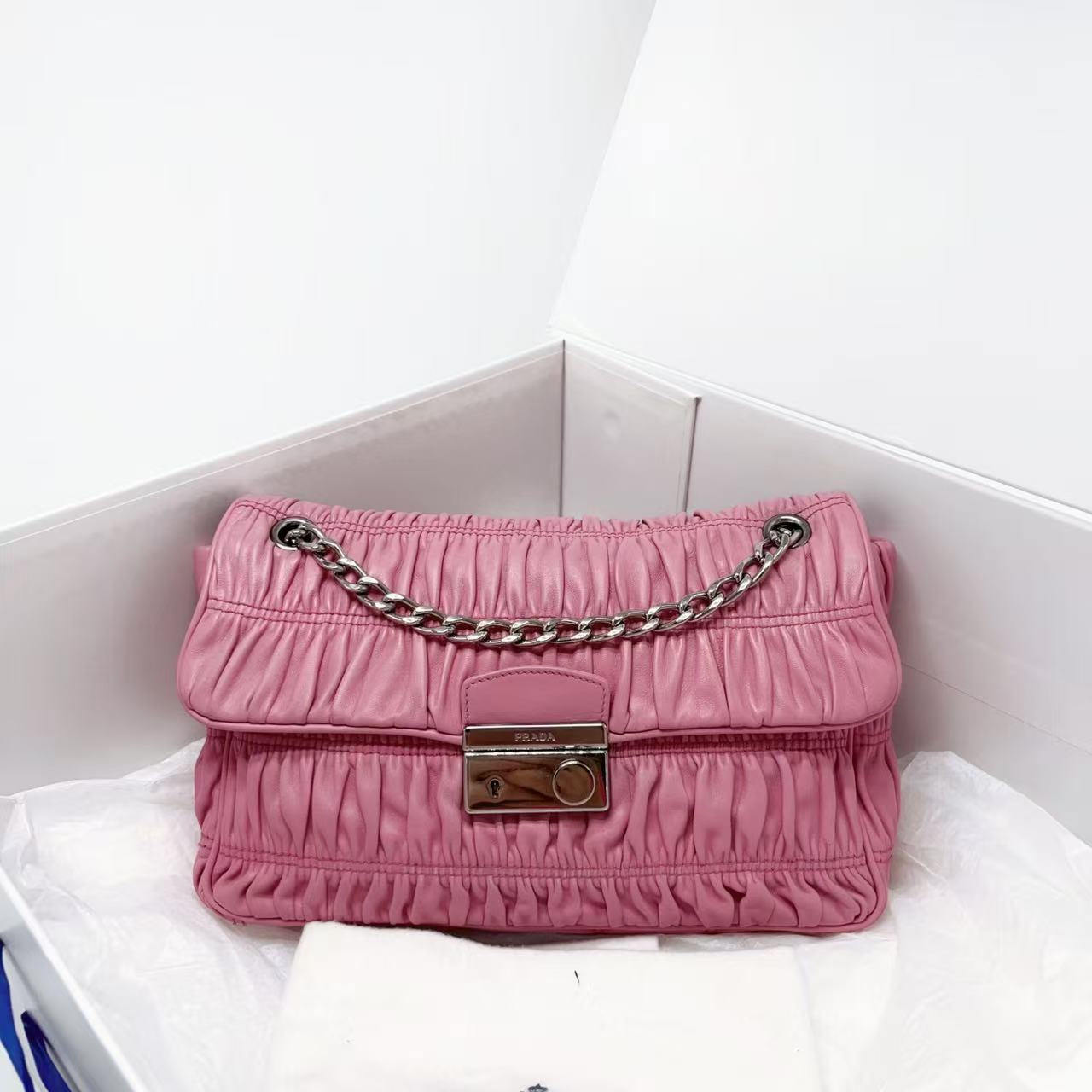 95新 Prada/普拉达 普拉达粉色褶皱2977/二奢包包