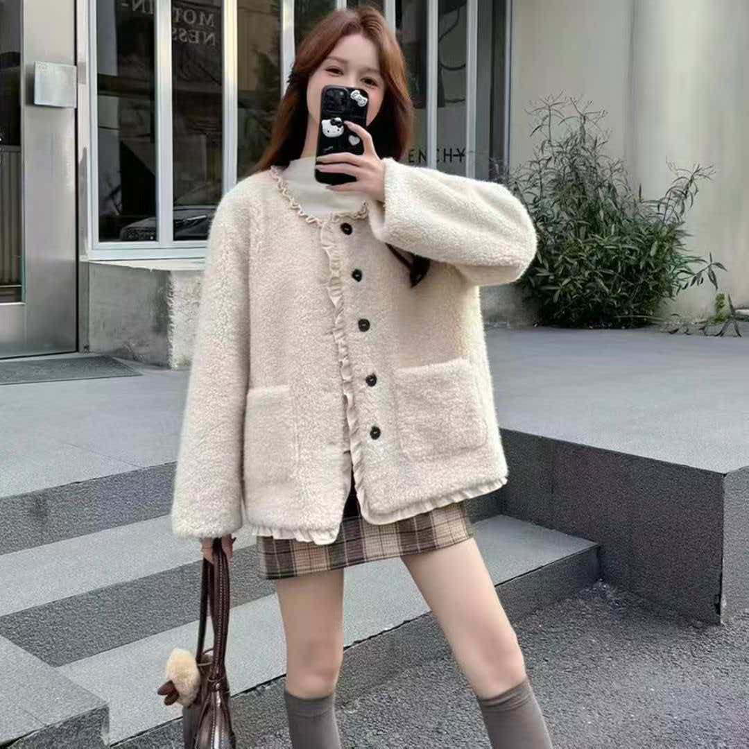 【送运费险】冬季新款时尚百搭加厚花边拼接皮毛中长款外套女