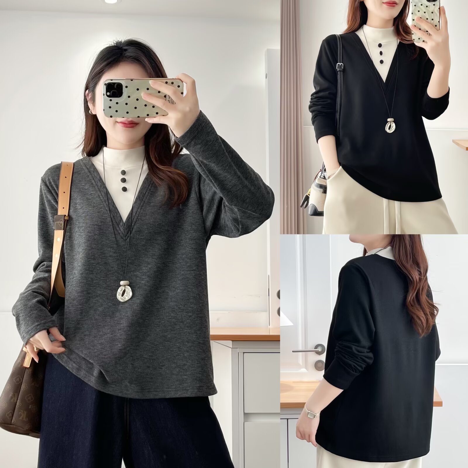 YueBeiLa/月贝拉大码洋气设计感慕斯绒假两件打底衫休闲百搭显瘦