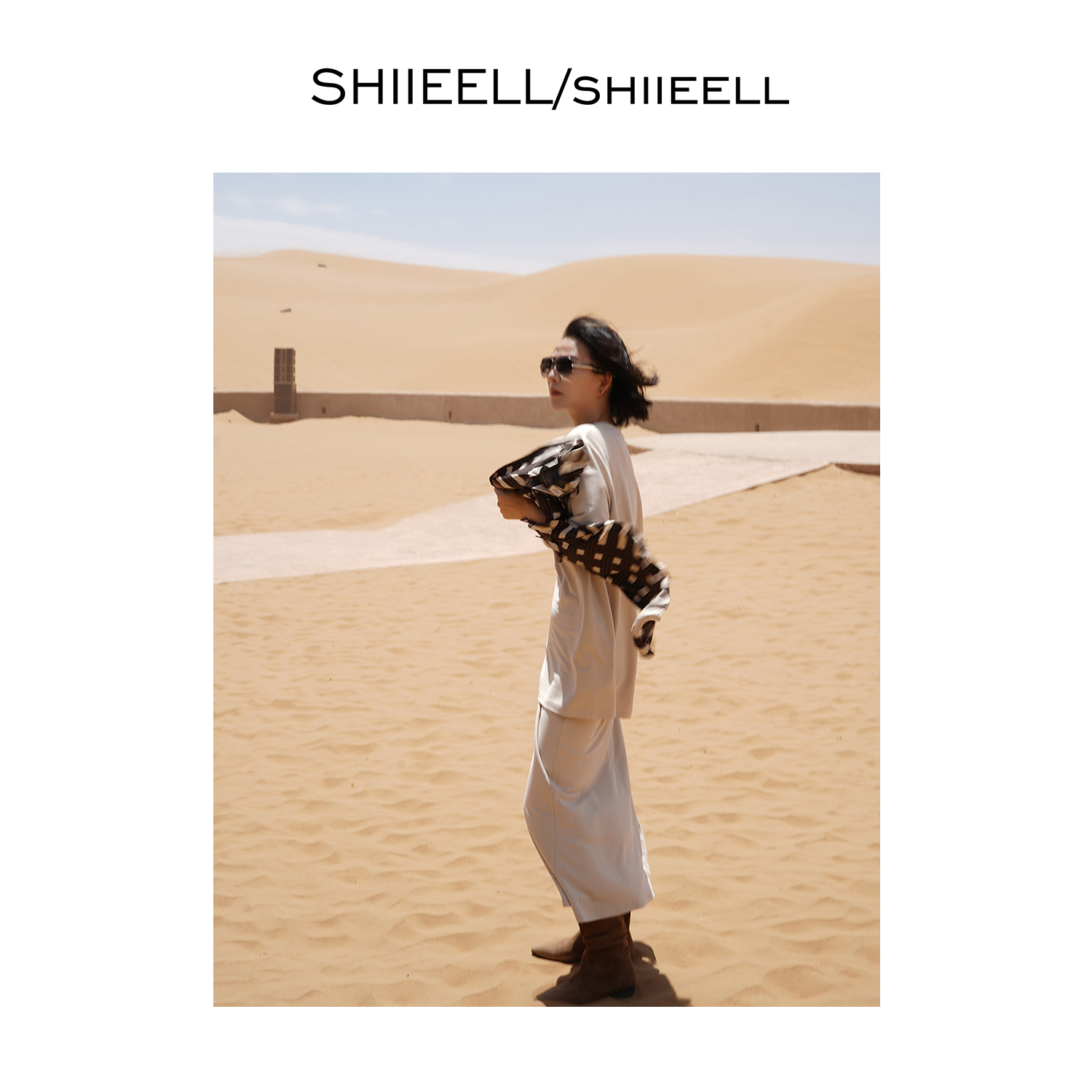 SHIIEELL夏季米色洋气休闲极简轻透软糯净色廓形短袖T裙套装WA051