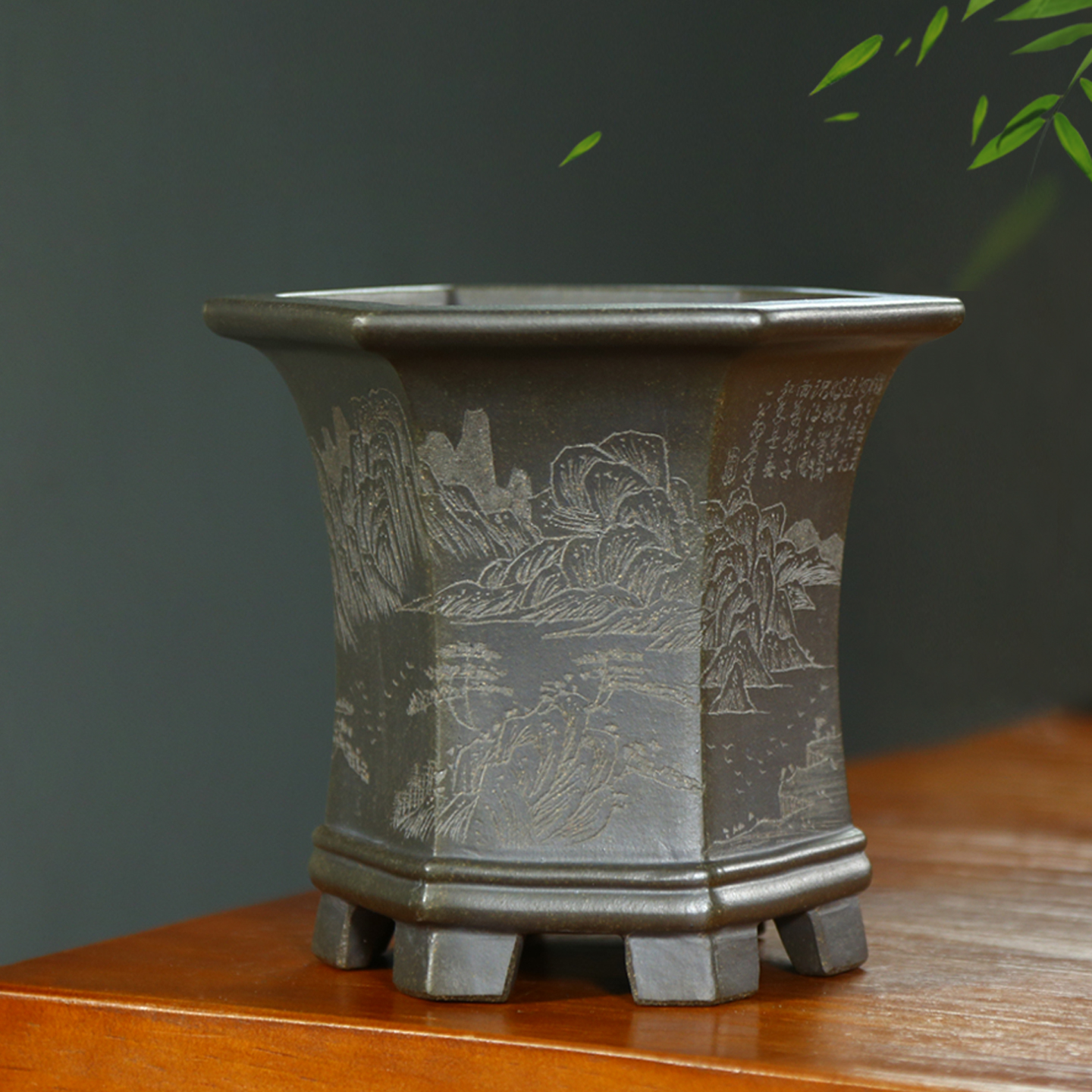 天青泥紫砂花盆兰花盆精品花盆君子兰六方通转刻绘盆室内桌面花盆