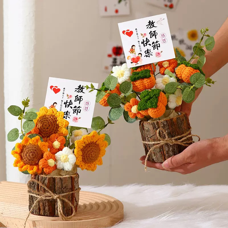 教师节礼物手工盆栽针织花束摆件送女生同学毕业老师生日礼物