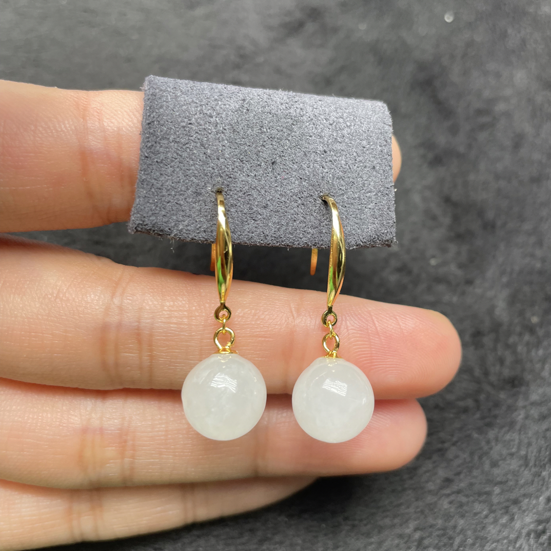 特惠保真天然和田玉白玉圆珠耳坠s925银镶简约大气百搭卡10mm